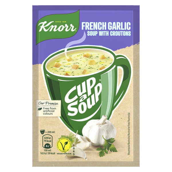 Knorr Juhe Cup a Soup Kokošja s testeninami, 12 g; 3 Siri, 17 g; Česnova, 18 g; Sirova s popečenimi kruhki, 22 g