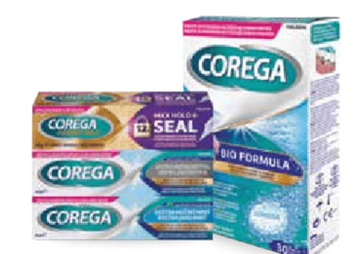 Izdelki Corega pričvrstilna krema, 40 g; tablete za čiščenje proteze, 30/1, 36/1