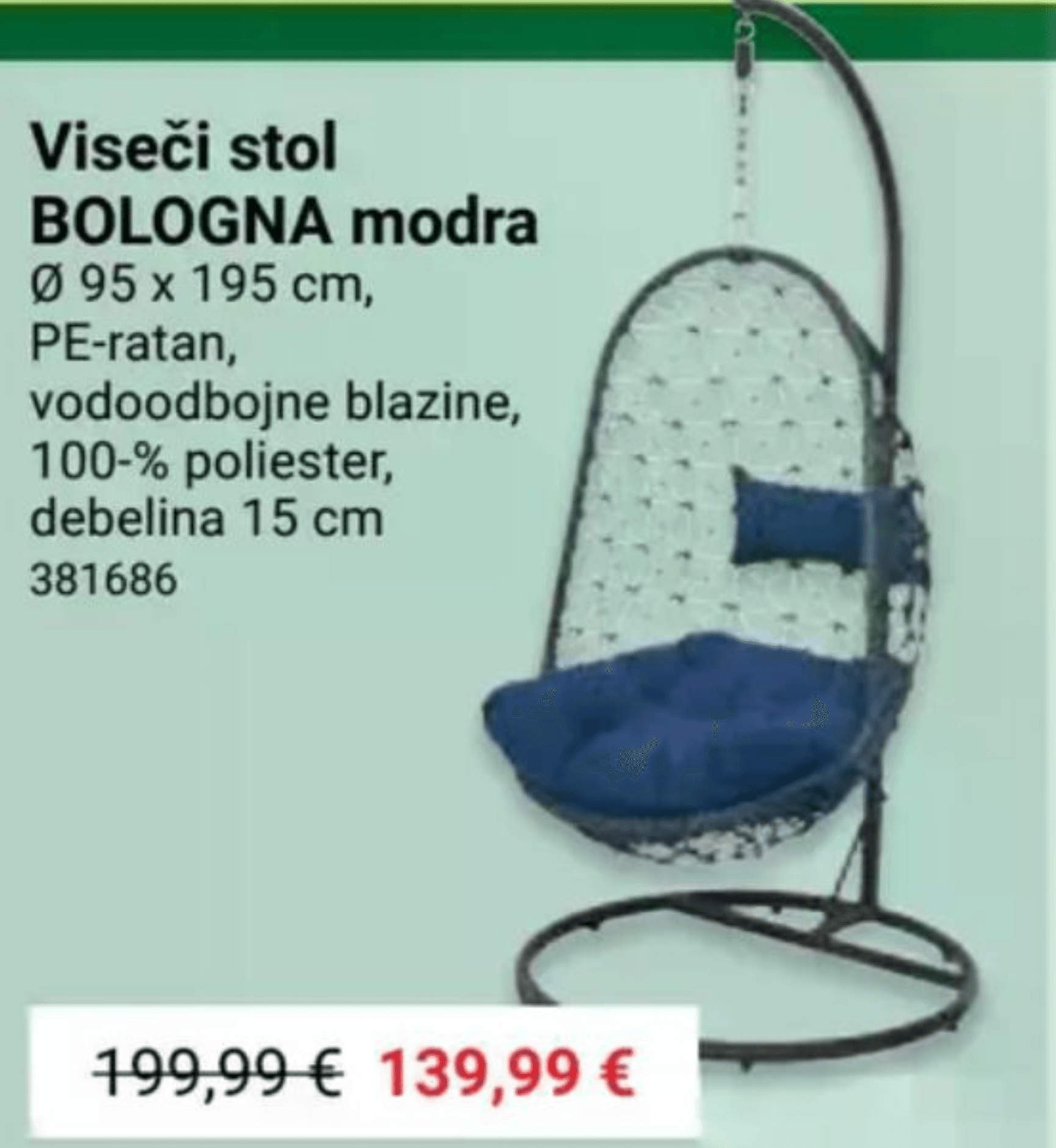 Viseči stol BOLOGNA modra - Akcija v trgovini Pevex