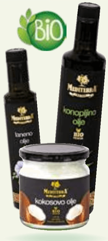 Bio laneno ali ekstra deviško kokosovo olje Mediterra 250 ml ali 370 ml