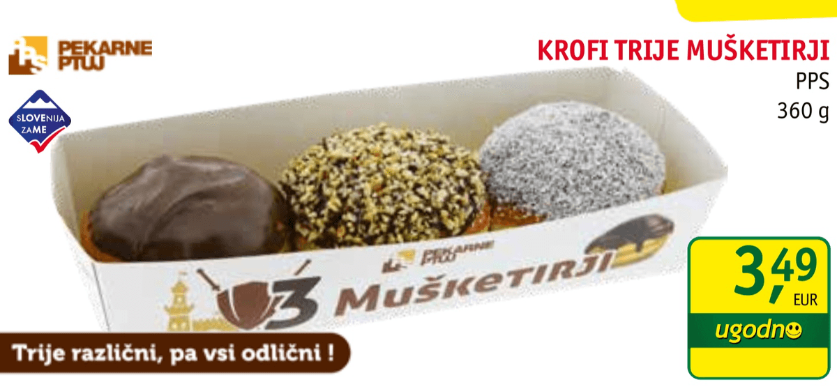 Krofi Trije mušketirji 360 g Pekarne Ptuj - Akcija v trgovini Jager