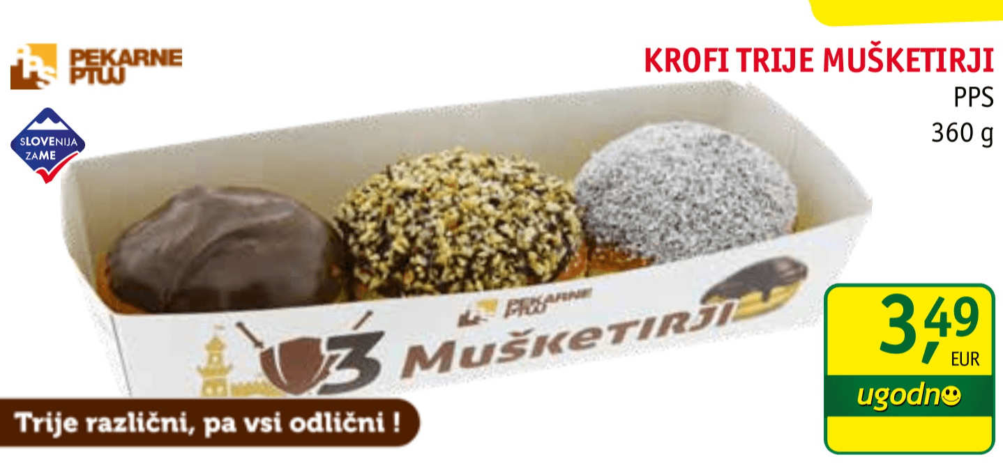 Krofi Trije mušketirji 360 g Pekarne Ptuj - Akcija v trgovini Jager