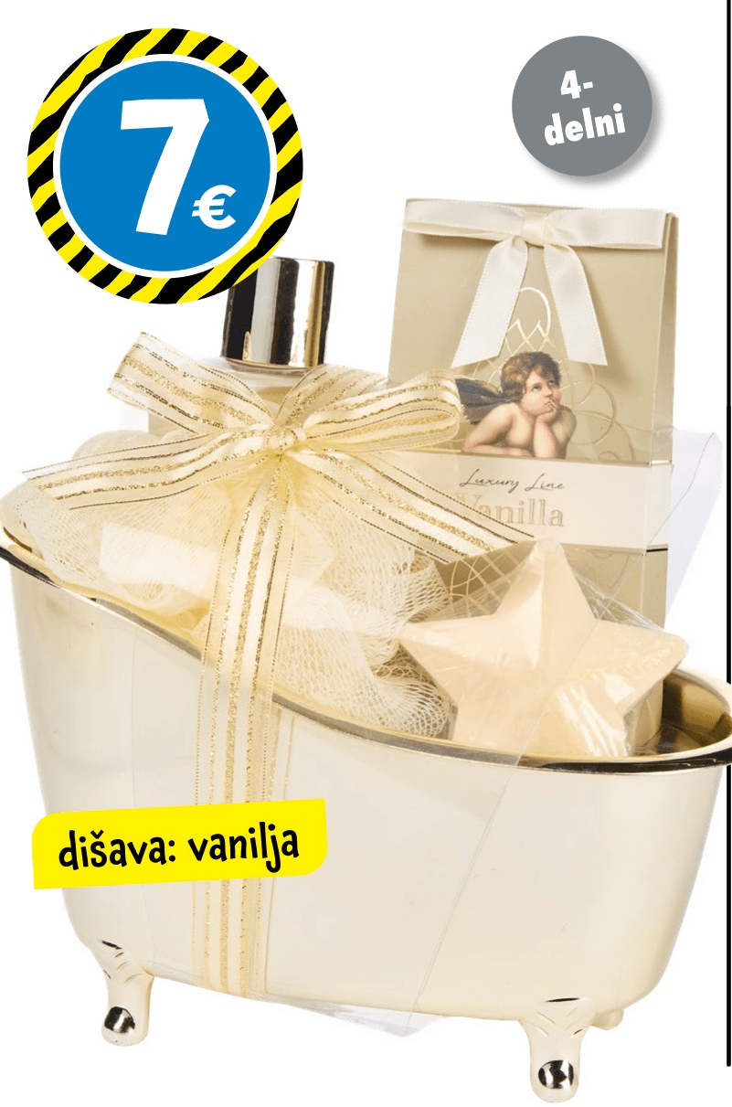 Darilni set Luxury Line 120 ml gel za tuširanje, 150 g sol za kopel, 35 g milo, 15 g mrežasta gobica