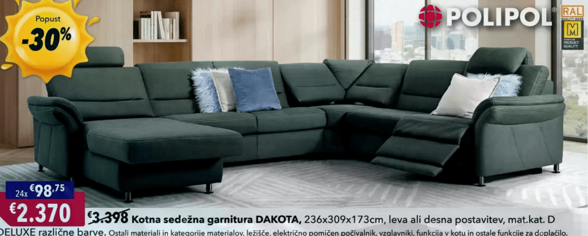 Kotna sedežna garnitura DAKOTA 236x309x173cm POLIPOL - Akcija v trgovini Harvey Norman