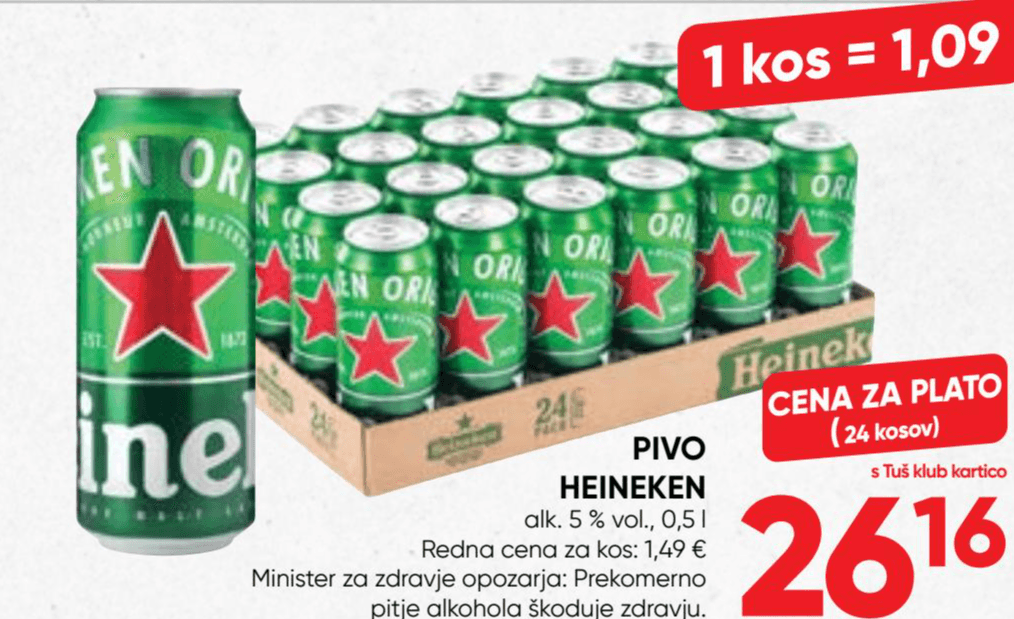 Pivo Heineken 24 kosov Akcija v trgovini Tuš