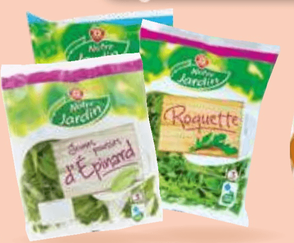 Notre Jardin rukola, mlada špinača ali ledenka 125 g / 100 g / 300 g Akcija v trgovini E.Leclerc