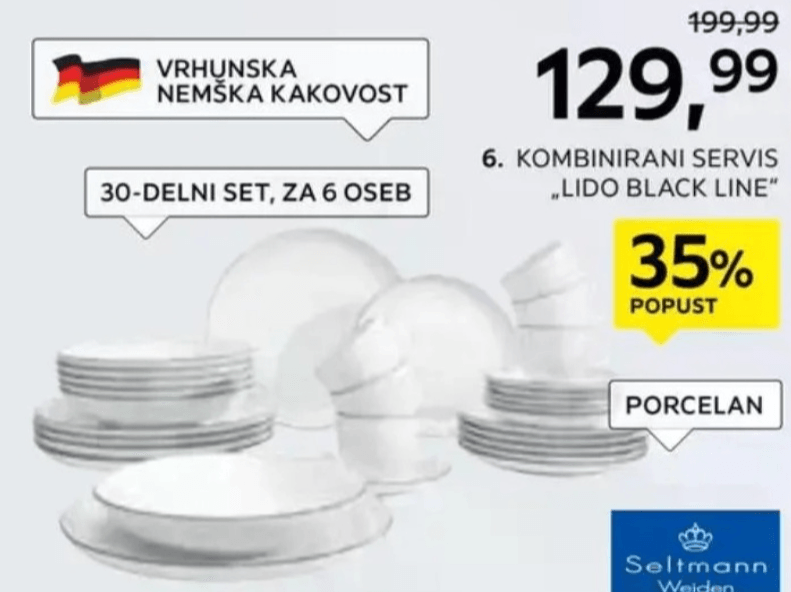 Kombinirani jedilni servis „Lido Black Line" 30/1, 30-DELNI SET, ZA 6 OSEB Seltmann Weiden - Akcija v trgovini Lesnina