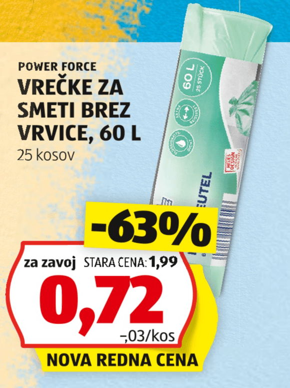 POWER FORCE Vrečke za smeti brez vrvice 60 L, 25 kosov Akcija v trgovini Hofer