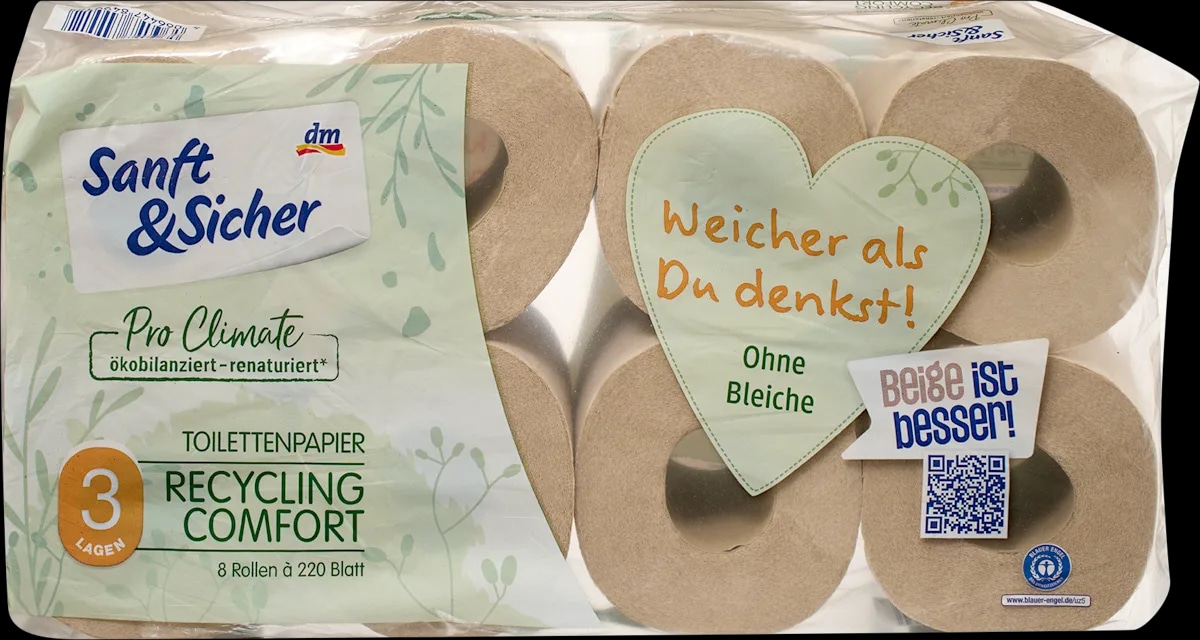 Sanft&Sicher reciklirani 3-slojni toaletni papir 8 x 220 lističev Akcija v trgovini Dm
