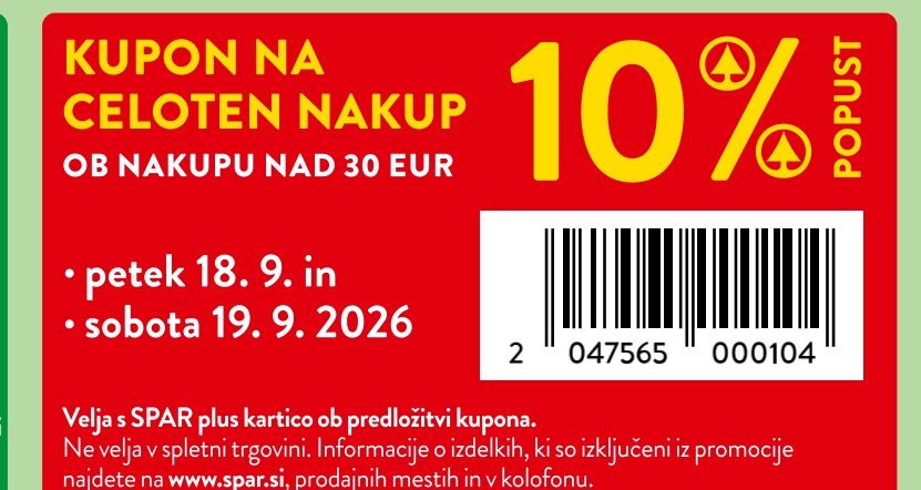 Kupon za 10 % popust na celoten nakup nad 30 EUR Akcija v trgovini Spar