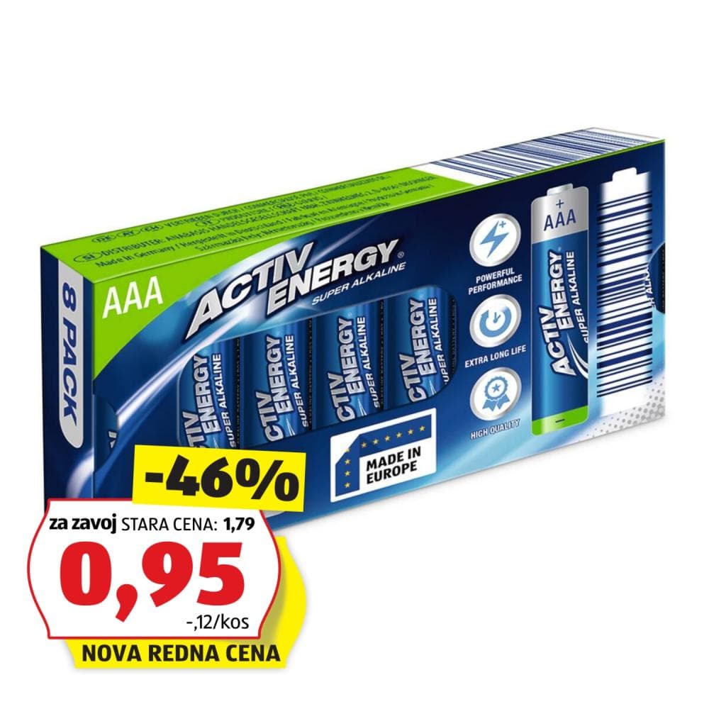 Activ Energy Alkalne baterije AAA, 8 kosov Akcija v trgovini Hofer