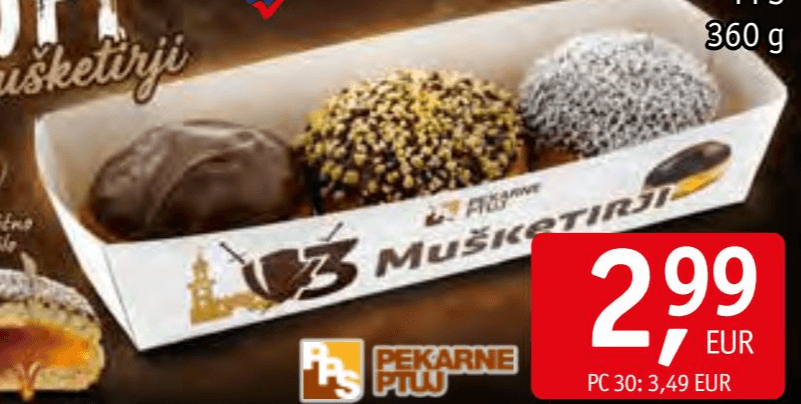 Krofi Trije mušketirji 360 g Pekarne Ptuj Akcija v trgovini Jager