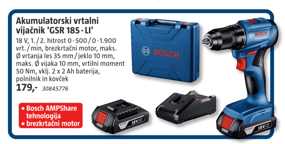 Akumulatorski vrtalni vijačnik 'GSR 185-LI' Bosch Akcija v trgovini Bauhaus