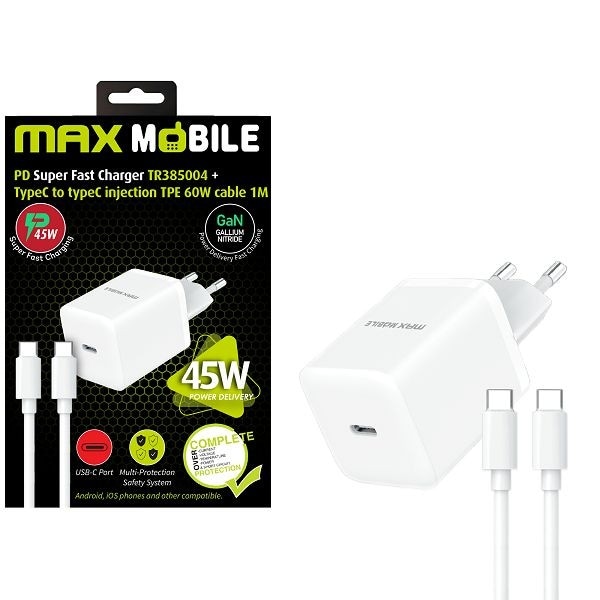 Domači polnilnik Maxmobile PD super fast charge set 2 U 1 TYPE C + kabel TR385004 GAN45W - Akcija v trgovini Pevex
