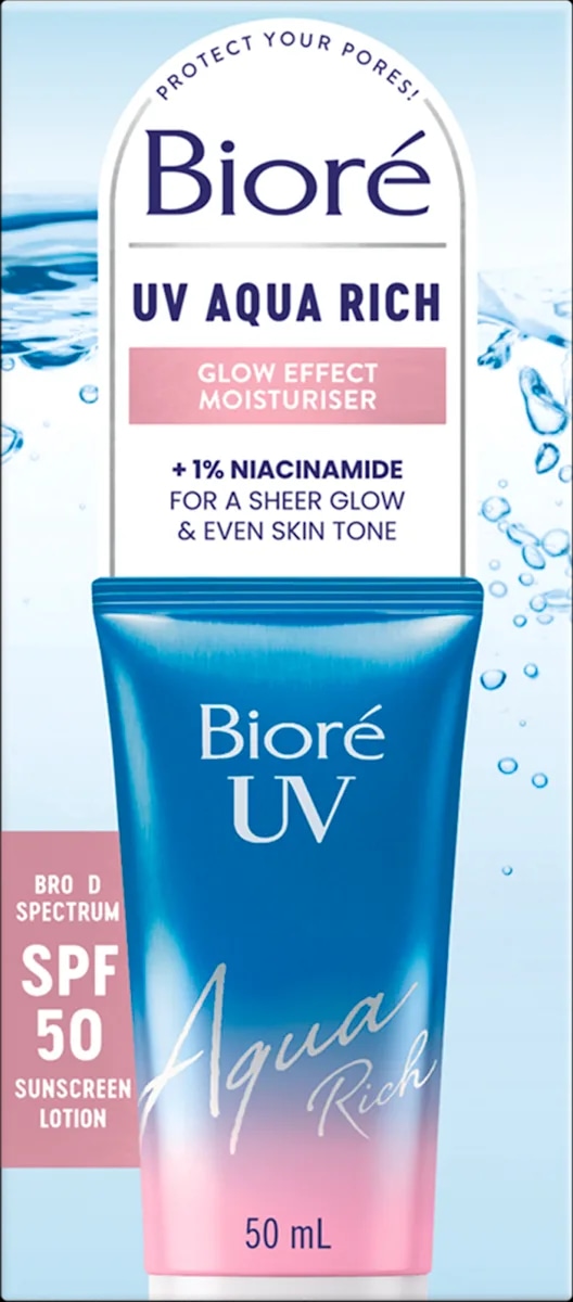 Biore Aqua rich moist zaščitni fluid za obraz UV Glowy 50 ml Akcija v trgovini Tuš