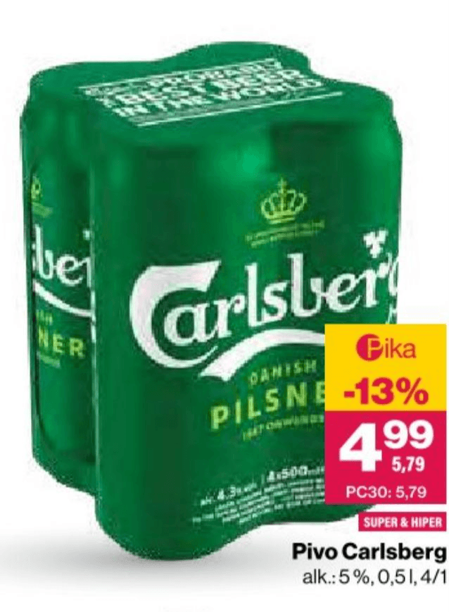 Pivo Carlsberg 0,5l, 4/1 - Akcija v trgovini Mercator