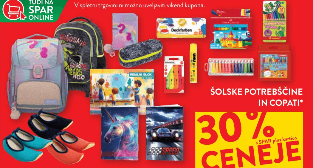 Šolske potrebščine in copati Akcija v trgovini Spar