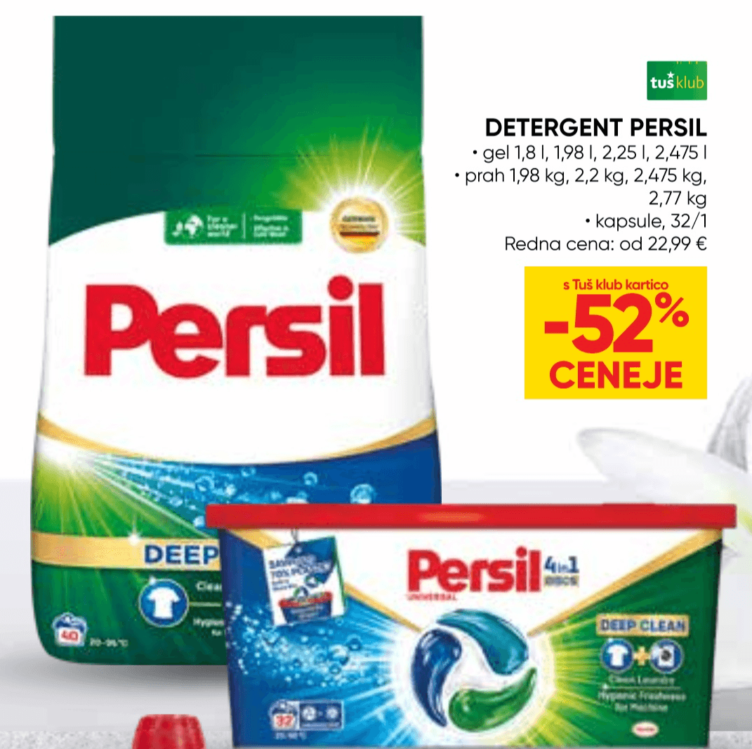 Detergent Persil gel 1,8 l, 1,98 l, 2,25 l, 2,475 l; prah 1,98 kg, 2,2 kg, 2,475 kg, 2,77 kg; kapsule, 32/1 - Akcija v trgovini Tuš