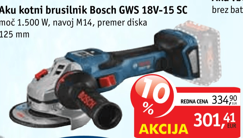 Aku kotni brusilnik Bosch GWS 18V-15 SC 125 mm Akcija v trgovini Jager