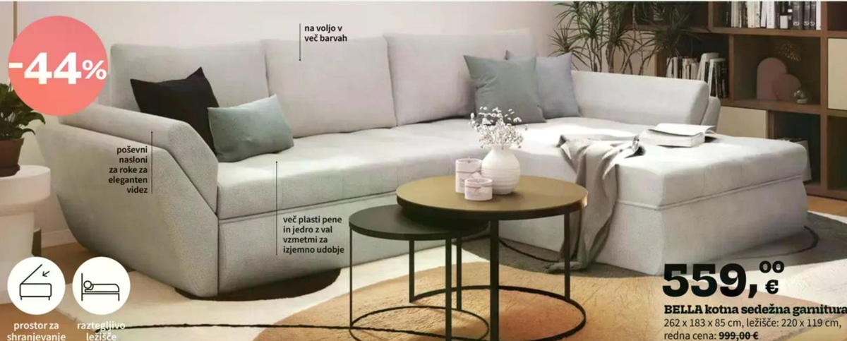 BELLA kotna sedežna garnitura - Akcija v trgovini Prima