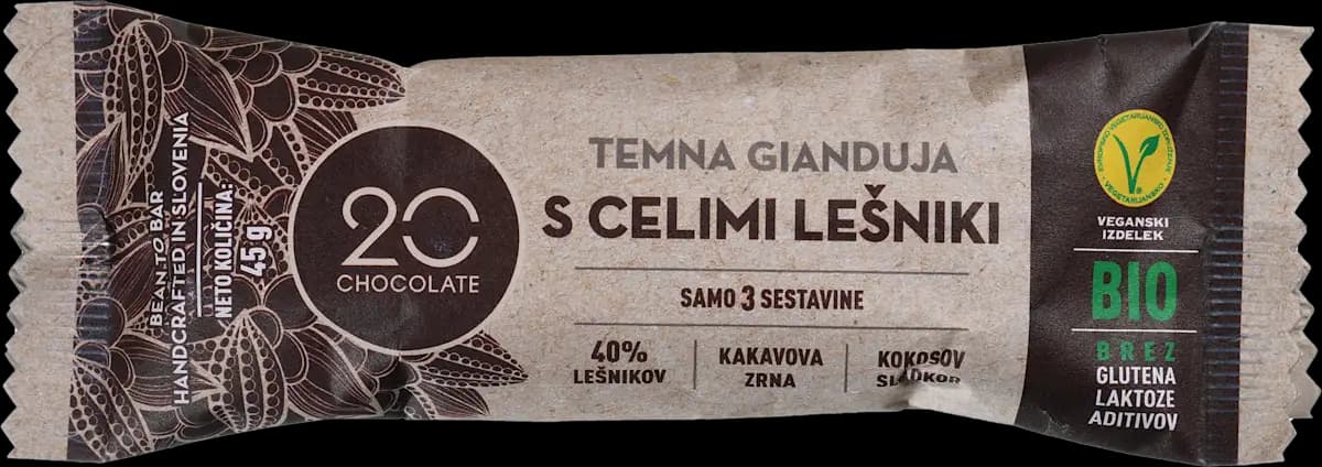 20CHOCOLATE BIO temna gianduja s celimi lešniki 45 g Akcija v trgovini Spar