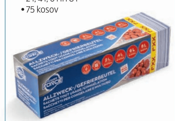 Power Force vrečke za zamrzovanje z dvojnim zapiralom 75 kosov, 2 l, 4 l, 6 l in 8 l Akcija v trgovini Hofer