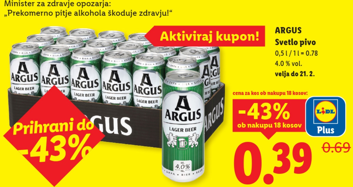 ARGUS Svetlo pivo 0,5 l - Akcija v trgovini Lidl