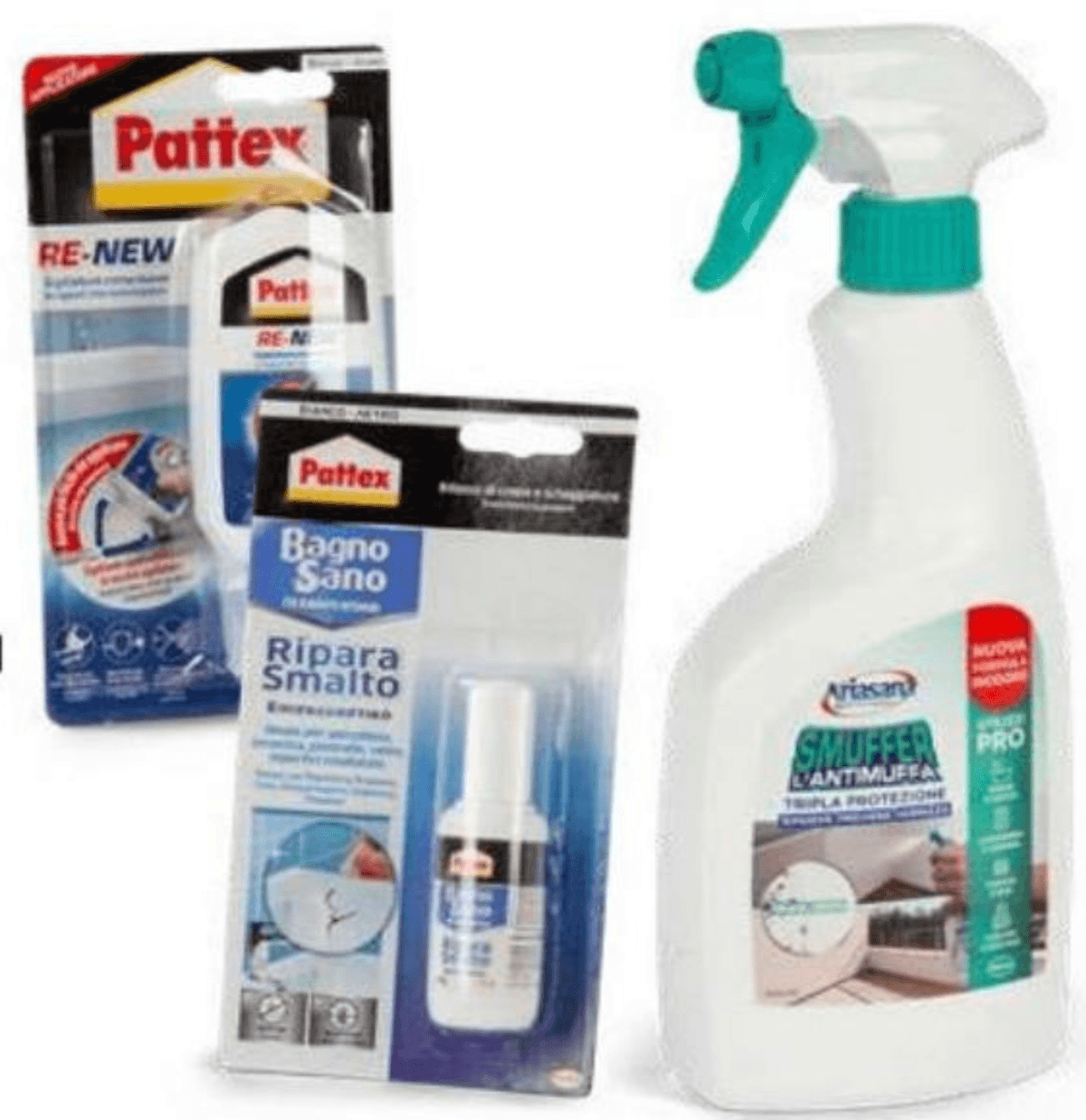 Silikon Pattex Re-New / Lak za popravilo sanitarnih elementov Pattex / Sredstvo proti plesni Smuffer Pattex / Ariasan - Akcija v trgovini Eurospin