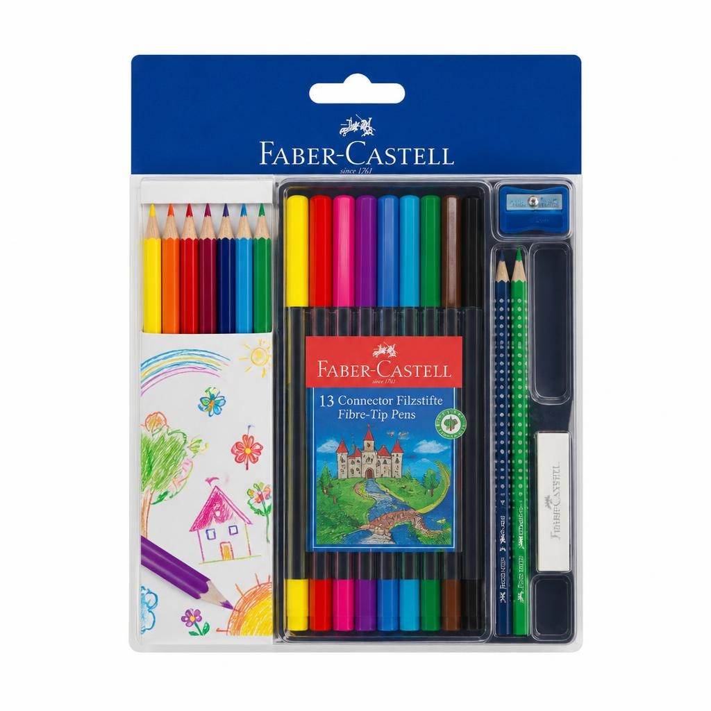 Faber-Castell komplet 13 flomastrov/13 barvic/2 svinčnikov + šilček + radirka Akcija v trgovini Eurospin