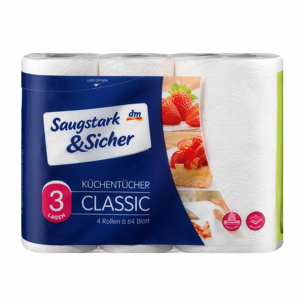 Saugstark & Sicher kuhinjske brisače 4 x 64 lističev Saugstark&Sicher - Akcija v trgovini Dm