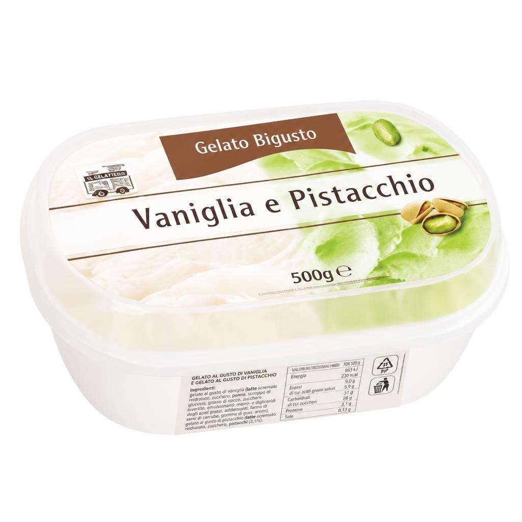 SLADOLED V BANJICI, VANILJA IN PISTACIJA 500 g Gelato Bigusto - Akcija v trgovini Eurospin
