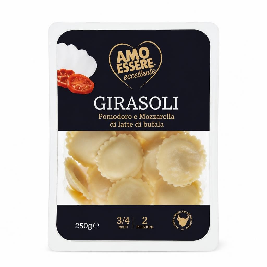 Ravioli Girasoli s paradižnikom in bivoljo mocarelo 250 g Amo Essere Eccellente Akcija v trgovini Eurospin
